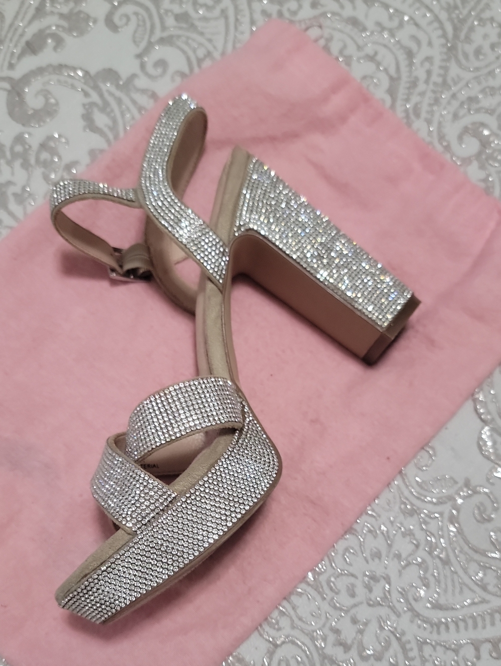 Beige Rhinestone Block Heel Sandals - - Picture 2 of 2